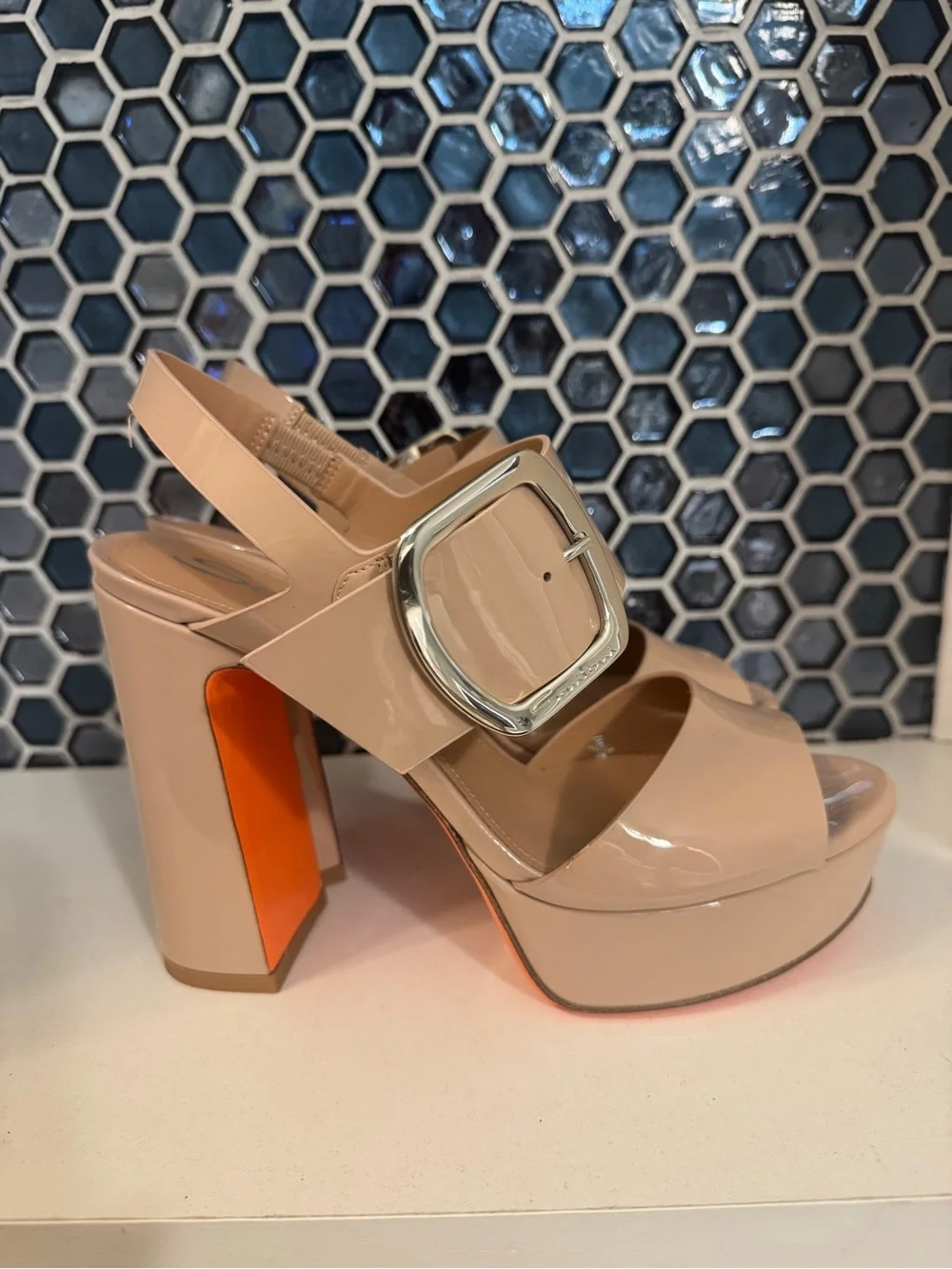 SANTONI Bruxel Nude Beige Platform Sandal, size 7.5